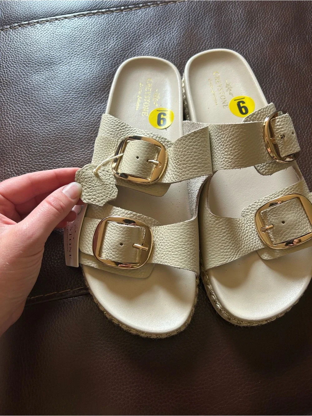 NWT Greystone Genuine Leather Beige Double-Buckle Comfort Sandals